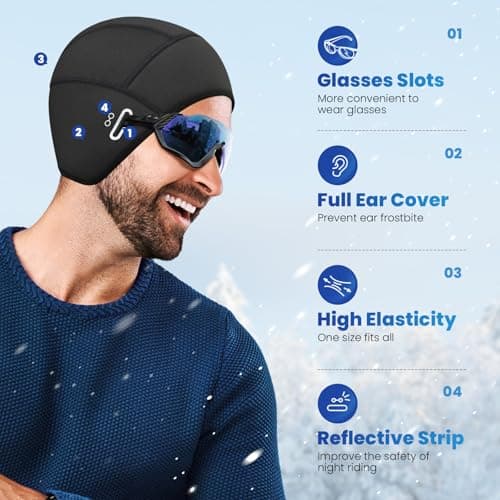 Bodvera Skull Cap Helmet Liner with Eyeglasses Holes,Ear Warm Cycling Cap,Thermal Head Cap for Men & Women in Winter. Black - Thumbnail 2