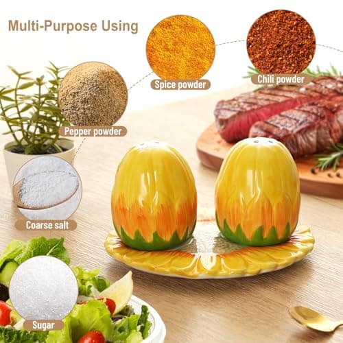 Hand-Painted Sunflower Ceramic Salt and Pepper Shaker Set - Farmhouse Kitchen Decor,Includes Storage Tray, Perfect Housewarming & Hostess,Birthday Gift - Thumbnail 5