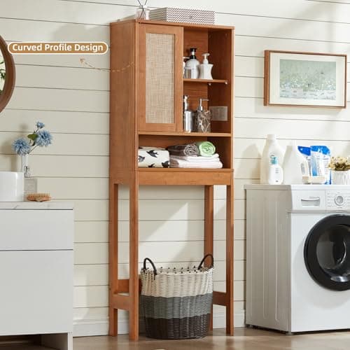 LEYAOYAO Over The Toilet Storage Cabinet with Rattan Sliding Door, 68" Tall Wood Above Toilet Bathroom Organizer w/Adjustable Shelf & Curved Profile, Space Saver Freestanding Washer Shelf - Thumbnail 4