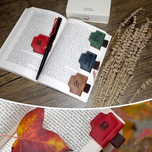 Buyborgood 4 Pcs Personalized Magnetic Leather Bookmark Pen Holder Book Lovers Christian Gifts Bygone Mark for Reading, Red-Bible + Brown-AΩ + Blue-Cross + Green-Anchor - Thumbnail 2