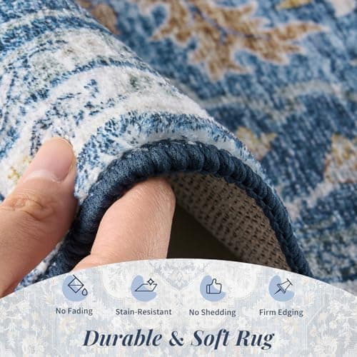 tchdio 5x7 Area Rugs for Living Room, Vintage Non Slip Washable Rug, Soft Low Pile Area Rug Large Floor Indoor Carpet for Bedroom, Dining Room, Office (Blue, 5'x7') - Thumbnail 2