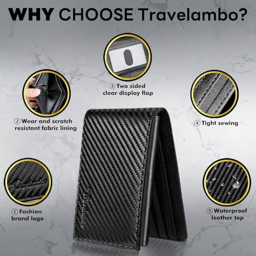 Travelambo Black Wallet for Men, Premium Classic Leather RFID Blocking Mens Wallet, 10 Credit Card Holder Minimalist Front Pocket, Mens Bifold Wallet with 2 ID Window - Thumbnail 2