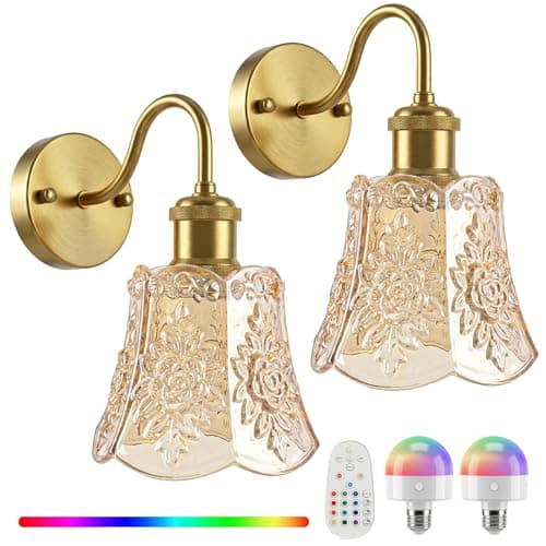 YUNICE Vintage Battery Operated Wall Sconces Set of 2 Rechargeable Wall Sconce Wireless Wall Lights with Remote Control & Amber Glass Lampshade for Bedroom Living Room Vintage Indoor E26 Type-C