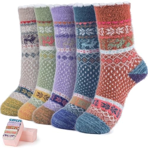 ICEIVY 5 Pair Fuzzy Cozy Fluffy Socks for Women, Warm Comfy Soft Casual Home Sleep Winter Wool Socks, Gifts for Women - Image 1