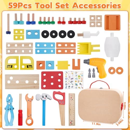 59Pcs Kids Tool Set Toy for Boys - Montessori STEM Wooden Play Tool Box Kit with Electric Drill with 2 Types Bits - Educational Christmas Birthday Gifts for Boys Toddlers Kids Age 3 4 5 6 Years Old - Thumbnail 6