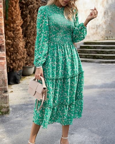 NOLLSOM Women 2025 Fall Dress Floral Casual Long Sleeve Crew Neck Ruffle A-Line Flowy Floral Boho Wedding Guest Maxi Dresses(Green Pink Flower,Small) - Thumbnail 5