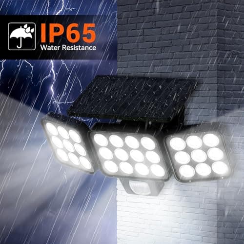 WdtPro Solar Lights Outdoor Flood Light, 3500LM Bright Motion Sensor Outdoor Lights, 3 Heads & Upgrade Glass Panel, LED Solar Powered Security Light Spotlights Waterproof for Outside Yard-2Pack - Thumbnail 5