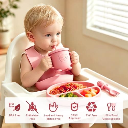 Baby Led Weaning Supplies, 17 Piece BPA-Free Silicone Feeding Set, Eating Essentials Baby Utensils with Suction Plate and Bowl, Pocket Bib, Sippy Cup with Lid, for 6+ Months, Pink - Thumbnail 3