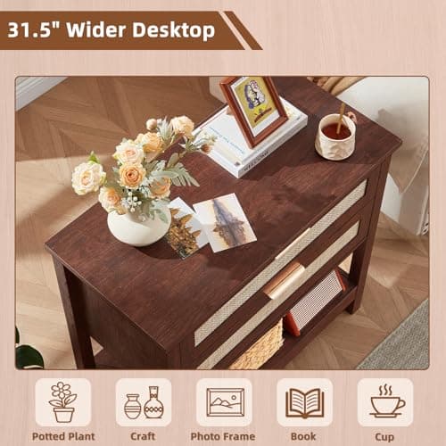 LEYAOYAO 31.5" Wide Rattan Night Stand, Oversized Large Walnut Nightstand with 2 Drawer, Boho Bed Side End Tables with Storage Shelf, Tall Bedside Table for Bedroom Living Room, Hallway - Thumbnail 5