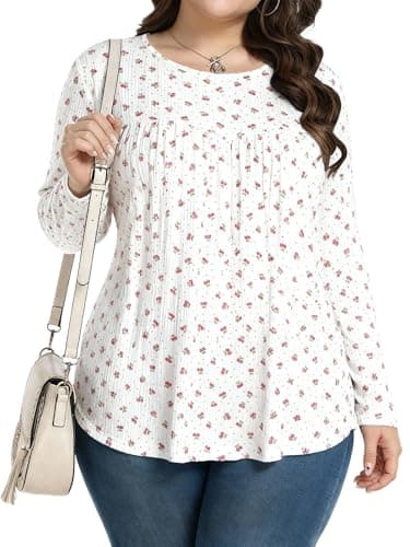 JULYCLO Plus Size Womens Tops Casual Tunic Pleated Blouses Long Sleeve Crew Neck Loose Fit Fall Fashion Shirts 1X-5X White - Image 1