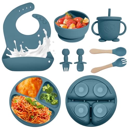 Baby Led Weaning Supplies, 8 Piece BPA-Free Silicone Feeding Set, Silicone Suction Bowl, Forks & Spoons, Bib & Cup, Develops Self Feeding Skills, Dishwasher Safe, for 6+ Months (Blue)