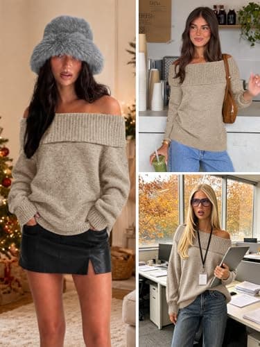 ATHMILE Winter Outfits for Womens Off The Shoulder Sweaters Oversized Batwing Sleeve Loose Pullover Fall Tops 2026 Khaki - Thumbnail 5