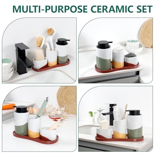 BosilunLife Kitchen Sink Caddy Set – 4-Piece Ceramic Soap Dispenser 12oz with Sponge & Utensil Holders on Drip Tray for Kitchen & Bathroom Countertop Organization (Liquid Pump) - Thumbnail 5