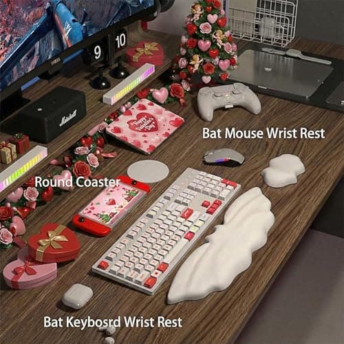 Tscuite Keyboard Wrist Rest - Leather Halloween Bat Wrist Pad for Mouse Wrist Rest with Non-Slip Base, Wrist Pad for Keyboard,Arm Rest for Desk Computer Laptop Mac Gaming Office White - Thumbnail 3