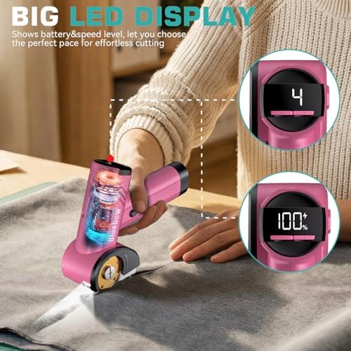 Cordless Electric Scissors, Rechargeable Cardboard Cutter with LED Light, 4-Speed Settings, Safety Lock, 2 Blades, USB-C Battery Powered Box Cutter for Carpet, Leather, Fabric, Packages, Pink - Thumbnail 4