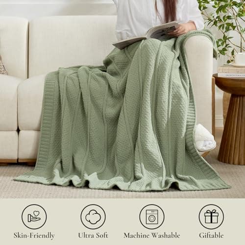 Amélie Home Premium Chenille Throw Blanket, Soft Cozy Moss Stitch Knit Blanket for Couch, Sofa, Chair, Home Decor, Sage Green 50"x60" - Thumbnail 6