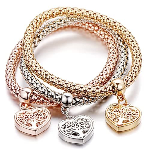 SILANER Crystal Charms Multilayer Bracelets - 3PCS Gold/Silver/Rose Gold Corn Chain Bracelet for Women, Tree of Life Heart Shaped Stretch Bracelet(TREE OF LIFE HEART EDITION CHARM) - Image 1
