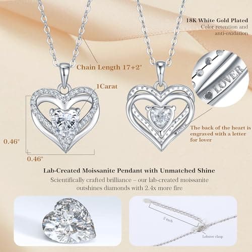 JACUPO 1CT Double Heart Moissanite Necklace for Women D Color VVS1 S925 Sterling Silver 18K White Gold Plated Jewelry for Mother Love Friend Mother’s Day Birthday Gift for Her 18inch (for Lover) - Thumbnail 3