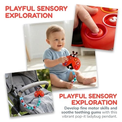 BIGSPINACH Teething Toy & Pacifier Clip Set,Ladybug Pop-It Teether & Pacifier Hold,Multi-Textured Chew Toy with Number Buttons for Early Learning, Baby Teething Relief (Red+Blue) - Thumbnail 2