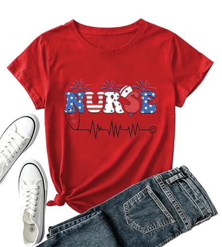 4th of July Nurse Shirt Women-Patriotic Nurse Short Sleeve Cute Firework Tee Top Nursing School Tops D-red - Image 1