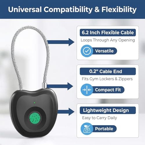 Bstsilver Fingerprint Padlock, Larger Sensor &20-User, 6.2" Flexible Cable Keyless Biometric Lock with Emergency USB Key & Code for Gym Locker, Luggage, Backpack, School, Dorm, Office, Travel & Indoor - Thumbnail 3