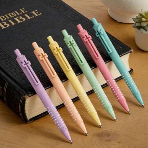 FlyMeaning 6 Pack Bible Journaling Gel Pens, 0.7mm Black Ink Retractable with Cross Clip,Smooth Writing, Christian Gifts for Men Women, Religious School & Office Supplies (Macaron) - Thumbnail 5