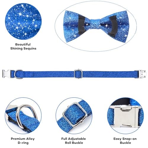 Jumpress Bling Bow Tie Dog Collar and Leash Set, Cute Blue Boy Dog Collar with Bow and 5ft Leash for Small Medium Dogs Daily Walking or Holiday Party (Neck fit 11-16’’) - Thumbnail 3