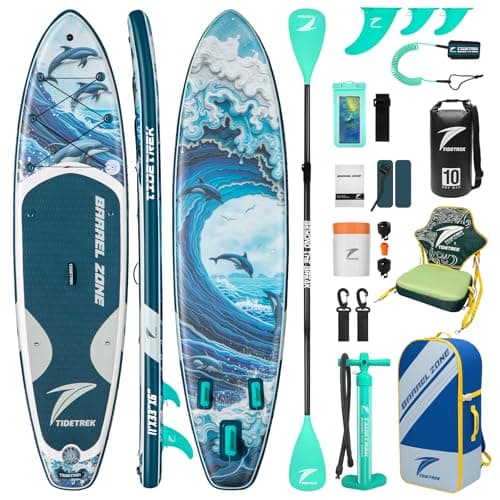 TIDETREK 11'/11'6" x 33"/34" x 6" Inflatable SUP Paddle Board – Extra-Wide, Stable Stand Up Paddle Board with Premium Full Accessory Set for Adults & Youth (Ocean Spirit/Kayak Seat, 11'x33 x6) - Image 1