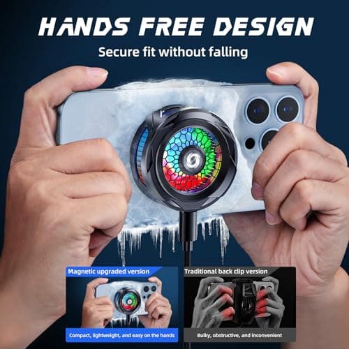Comvin 3 in 1 Magnetic Cell Phone Cooler for Gaming, Mobile Phone Cooling Fan with Clip, Portable RGB Radiator for iPhone MagSafe Series/Android/iPad, Cellphone Gaming,TK Live Streaming, Outdoor Vlog - Thumbnail 5