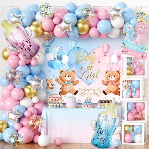 Bear Gender Reveal Baby Shower Decorations Party Kit,167pcs Pink Blue Balloon Garland Arch,Backdrop,Balloon Boxes,and Cute Gender Reveal Supplies for Boy or Girl Baby Shower,Gender Reveal Party - Image 1