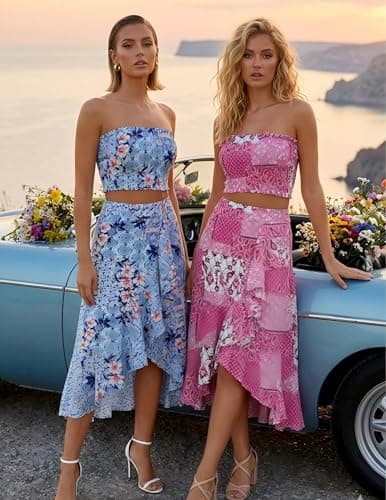 Angashion Women's 2 Piece Dress Floral Crop Top Maxi Skirt Set Outfit Dress with Pockets 2501 Pink Small - Thumbnail 3