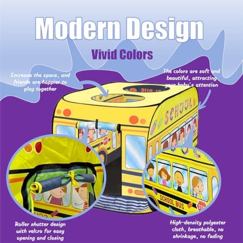 Pop Up Tent for Kids.School Bus Tent for Toddlers.Playhouses for Toddlers.Large, Easy to Organize.Birthday Gift for Girls & Boys.Can Be Played with by 2-3 Kids.Indoor Playhouse for Kids - Thumbnail 4