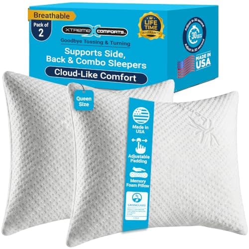 Xtreme Comforts Memory Foam Pillows |GREENGUARD Certified Adjustable Shredded Foam Fill for Personalized Support | Bed Pillows for Side, Back & Stomach Sleepers |Removable Cover |2 Queen Size Pillows