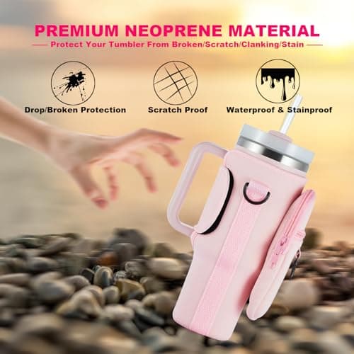 BULKITEM Water Bottle Carrier Bag with Phone Pocket for Pink Stanley 40 oz Tumbler with Handle, Neoprene Water Cup Holder Pouch with Strap for Valentines Stanley Cup Accessories - Thumbnail 4
