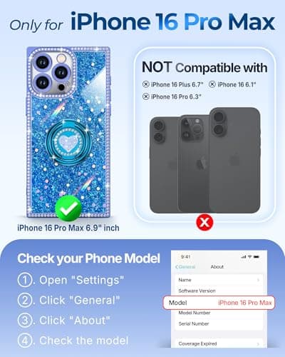 XYZ for iPhone 16 Pro Max Case, Glitter Bling Phone Cover with 2-Ring Heart Stand & Lanyard, Women Girls Luxury Rhinestone Shockproof Protective Case for iPhone 16 Pro Max, Blue - Thumbnail 6