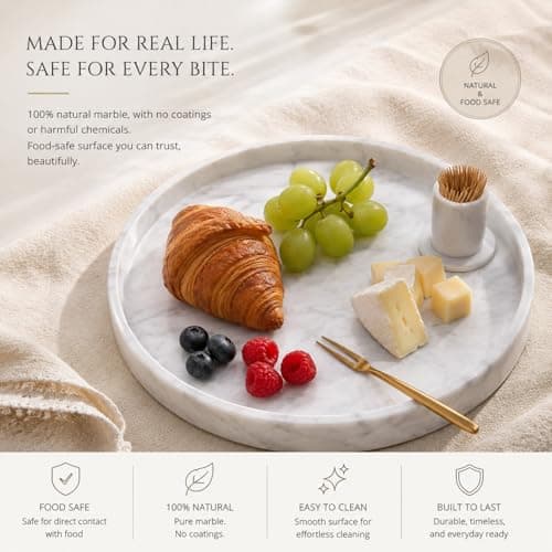 Apasqro Carrara White Marble Tray Round 10 Inch, Natural Stone Perfume & Dessert Tray, Elegant Serving & Display Plate for Home, Vanity, 2 cm Deep, Non-Slip Base - Thumbnail 4