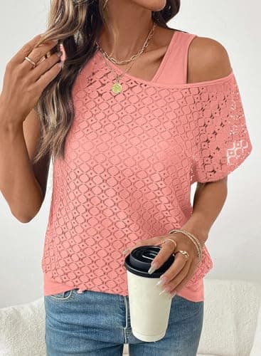 Dokotoo Womens Crochet Shirts Summer Tops for Women 2026 Fashion Trendy Crewneck Short Sleeve Shirts Ladies Tops and Blouses Casual Beach Vacation Clothes Two Piece Set Cute Coverup Pink - Thumbnail 3