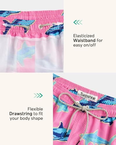 Turnshine Mens Swim Trunks 7" Quick Dry Bathing Suits with Mesh Lining Printed Board Shorts Swimwear Pink Shark Small - Thumbnail 5