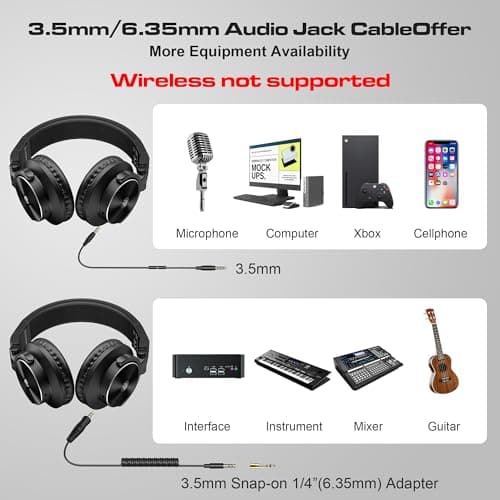 PUPGSIS Wired Over Ear Headphones: Studio Monitor Headphones - Professional 50mm Drivers 40kHz DJ Stereo Headphones - 1/4 to 3.5mm Audio Jack for Recording/Mixing/Podcast/Guitar/Keyboard - Thumbnail 4