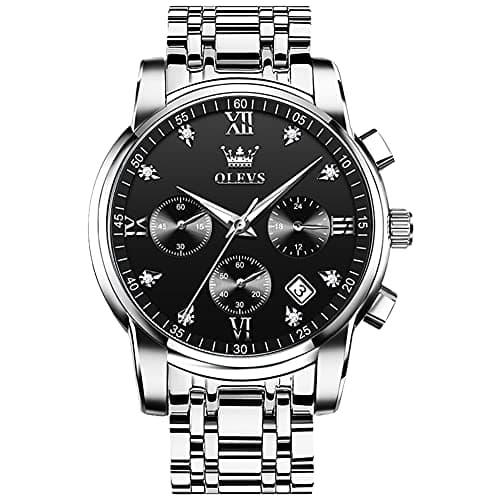 OLEVS Watch Men Black Watches for Men Dress Silver Mens Watches Waterproof Stainless Steel Analog Quartz Metal Luxury Diamond Wrist Watch for Man Day Date Chronograph Large Face Reloj para Hombre - Image 1