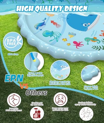EPN Splash Pad for Kids, 102.3" Extra Large Sprinkler Play Mat, Thick PVC Water Splash Pad for Toddlers & Kids Ages 4-8, Outdoor Backyard Summer Water Toy for Lawn and Beach Play - Thumbnail 3