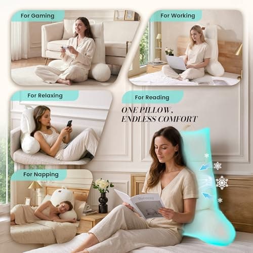 Amélie Home Cooling Reading Pillow with Arms for Adults, Breathable Waffle Fabric Bed Rest Pillow for Sitting Up, Ergonomic Back Support with Pockets for Gaming Relaxing, Ivory, 25 Inches - Thumbnail 2