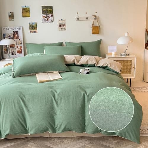 DCSKY Duvet Cover Set - 100% Washed Cotton, 3 Piece Pre-Washed Super Soft Breathable Bedding with Duvet Cover and 2 Pillow Cases (04Green(No Comforter), King (104''x90'')) - Thumbnail 3