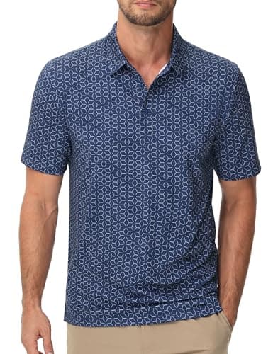 Cotrasen Golf Polo for Men Print Shirts Short Sleeve Moisture Wicking Performance Collared Breathable Tee Shirts Navy Blue M - Thumbnail 2