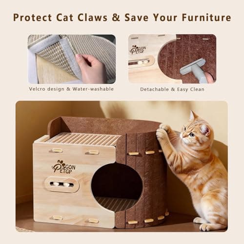 GONPETGP Cat Beds for Indoor Cats, Cat House Cave with Wooden Play Ball Scratch Pad, Detachable Felt Cat Condo Hideaway for Multiple Small Pets and Kittens - Thumbnail 5