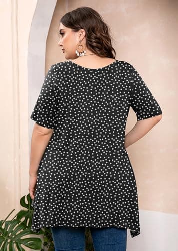AusLook Plus Size Tops for Women Tunic Clothes Short Sleeve Polkadots Black Summer 1X Blouse Swing Tee Crewneck Clothing Flowy Shirts for Leggings - Thumbnail 5