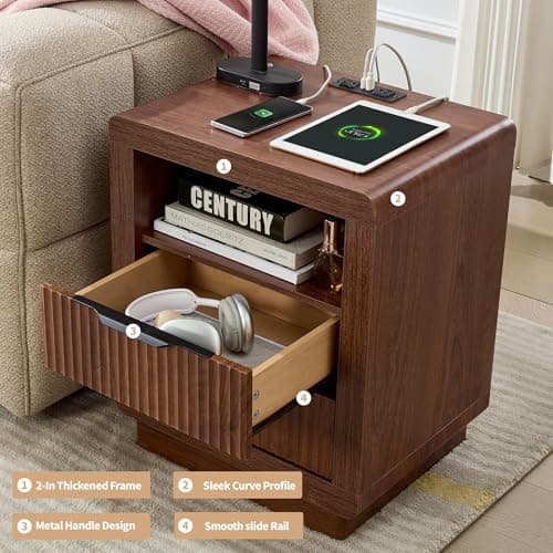 YANSNWO Walnut Nightstand with Charging Station, 23.6" H Modern Bedside Table with Thickened Curved Profile Design, End Table with 2 Drawers for Bedroom - Thumbnail 4