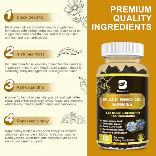 Black Seed Oil & Sea Moss Gummies, 2Pack Irish Sea Moss Gummies with Black Seed Oil, Ashwagandha Extract, Elderberry, Turmeric, Vitamin C, Vitamin D3 - Immune Support, Joints, Digestion, Hair & Skin - Thumbnail 2