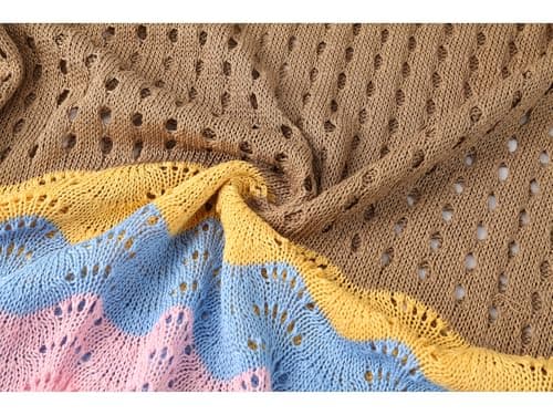 VIAURBE Women's Swimsuit Crochet Cover Up V Neck Hollow Out Bathing Suit Coverup Color Block Side Split Mini Dress Coffee 2XL - Thumbnail 6