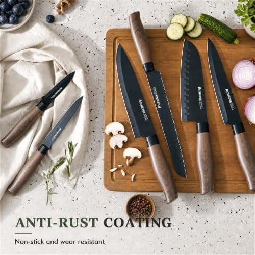 Astercook 13-Piece Kitchen Knife Set with Black Anti-Rust Coating, Dishwasher Safe, Stainless Steel Chef Knives Set with 6 Blade Guards, Wood Grain Handle, Perfect Holiday & Housewarming Gifts - Thumbnail 6